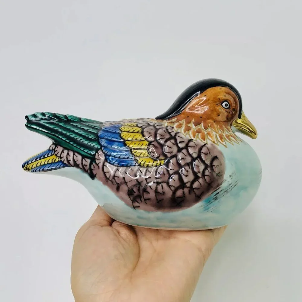 Vintage Bird Figurine Japanese Kutani Mandarin Duck Painted Gilded Signed Stamp - Picture 5 of 9